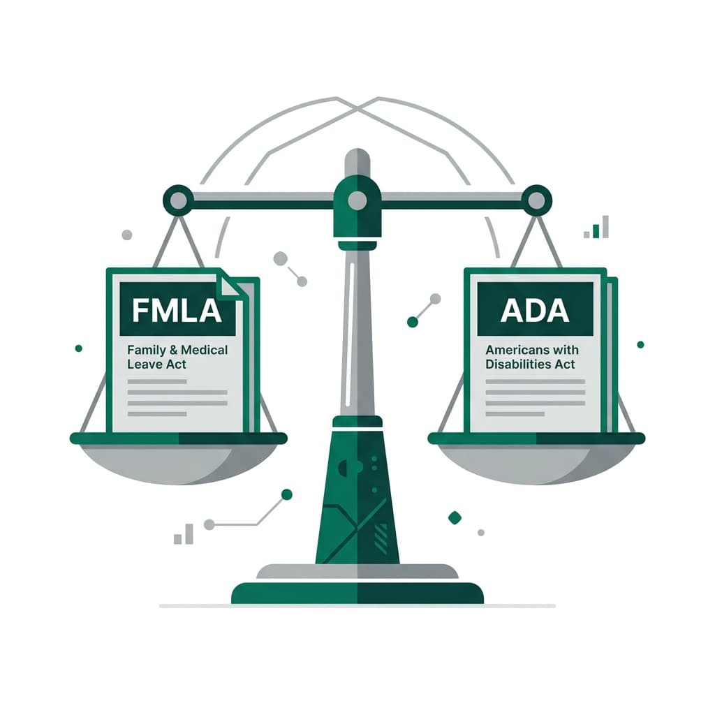 Minimalist vector art representing FMLA and ADA legal compliance