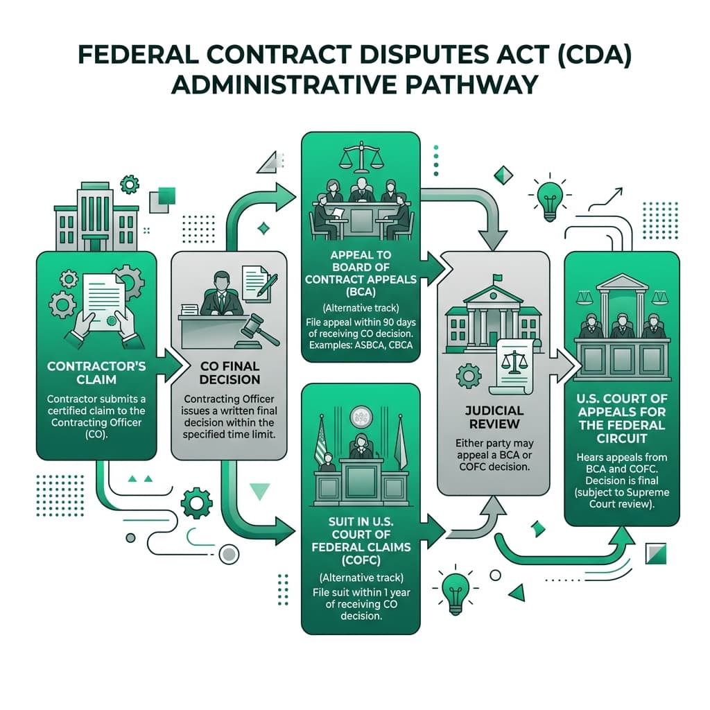 Horizontal flowchart infographic illustrating the federal contract disputes act administrative pathway