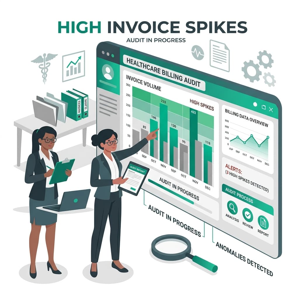 B2B flat vector illustration representing a healthcare billing audit showing high invoice spikes