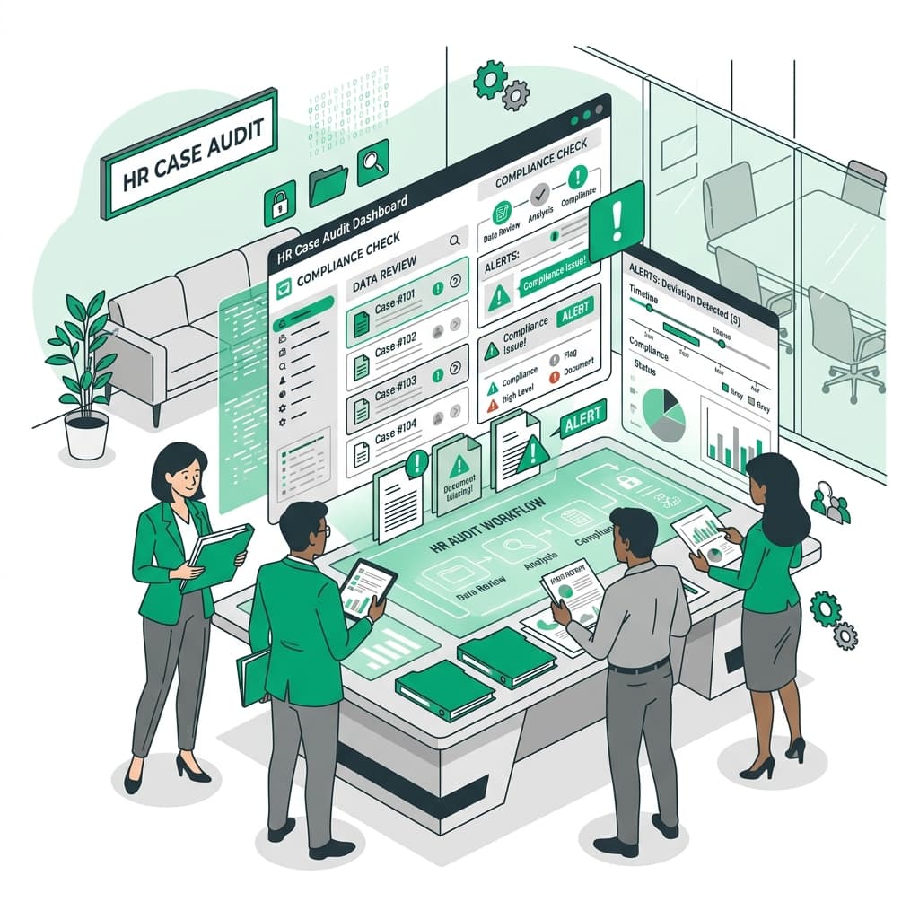 B2B flat vector illustration representing an HR case audit with warning flags
