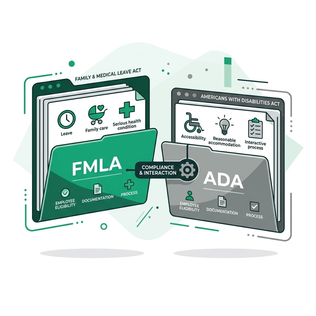 Minimalist vector art representing FMLA leave vs ADA accommodation compliance