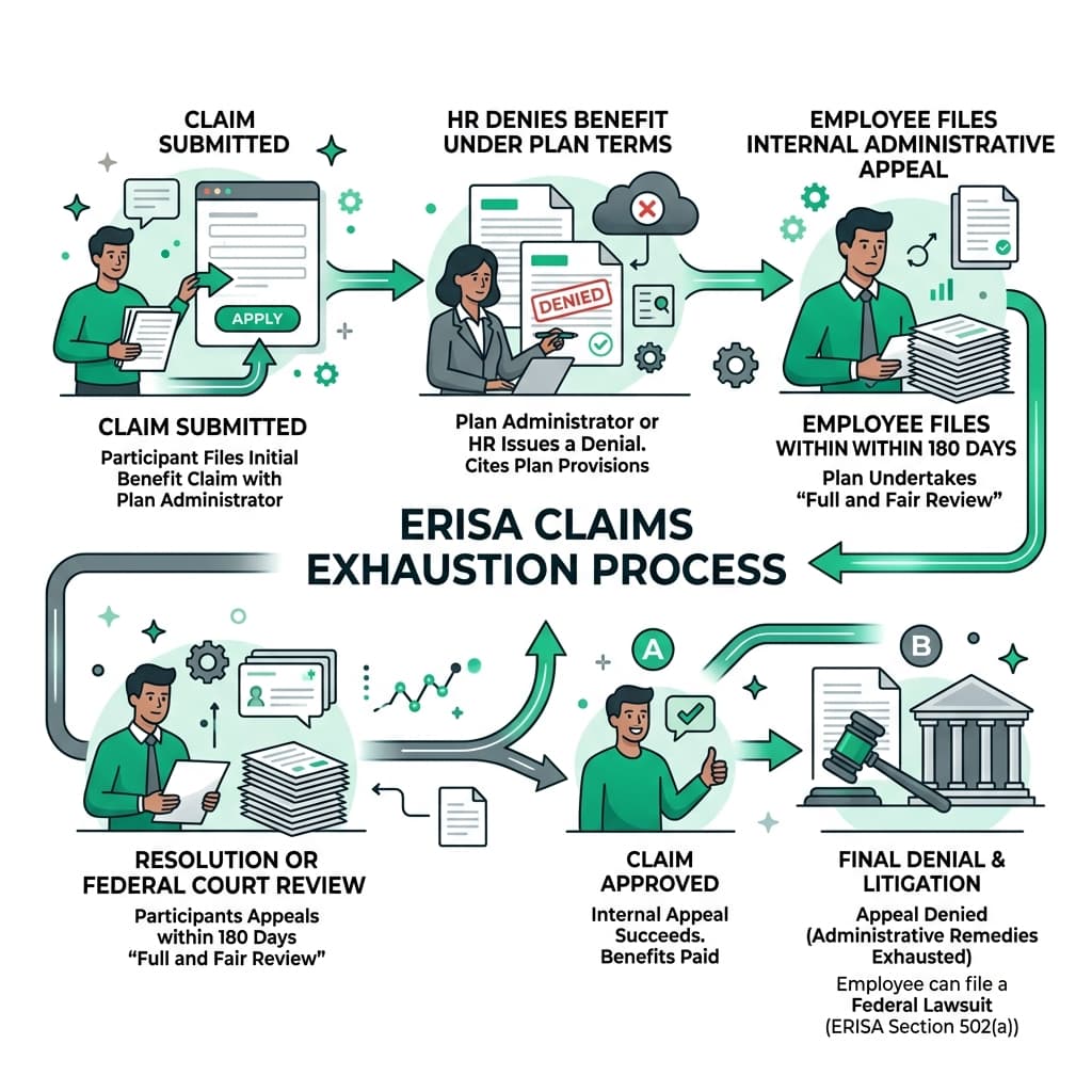 Horizontal flowchart infographic illustrating the ERISA Claims Exhaustion process