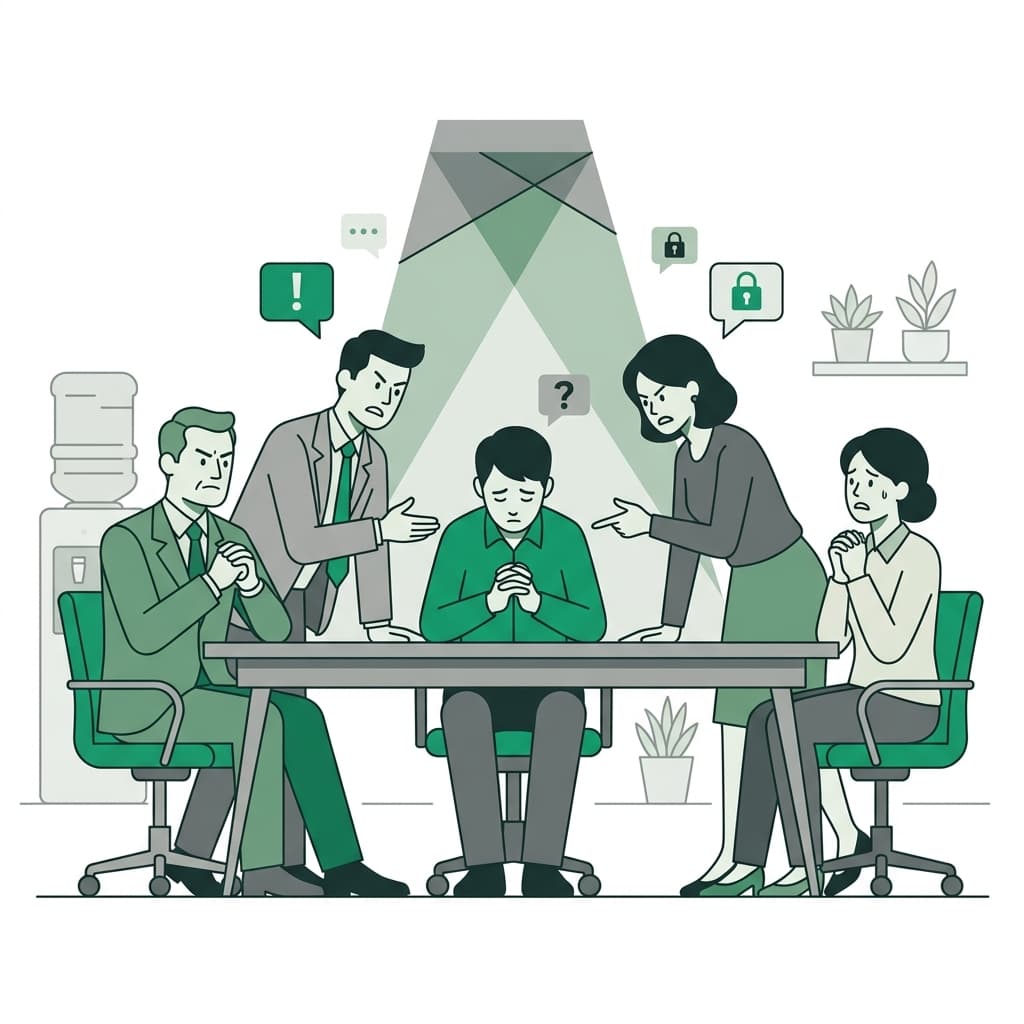 B2B flat vector illustration representing an employee forced to disclose private medical info to coworkers