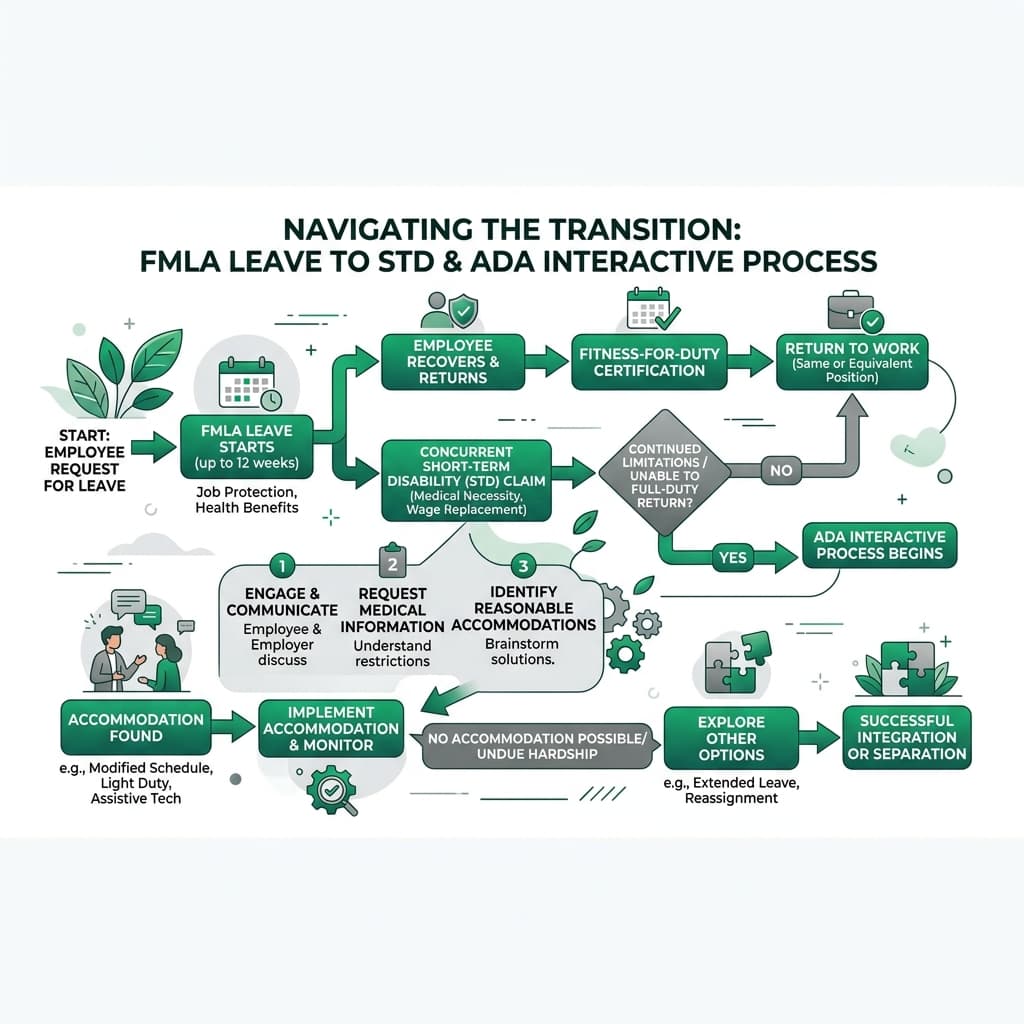 Horizontal flowchart infographic illustrating FMLA leave exhaustion and ADA interactive process