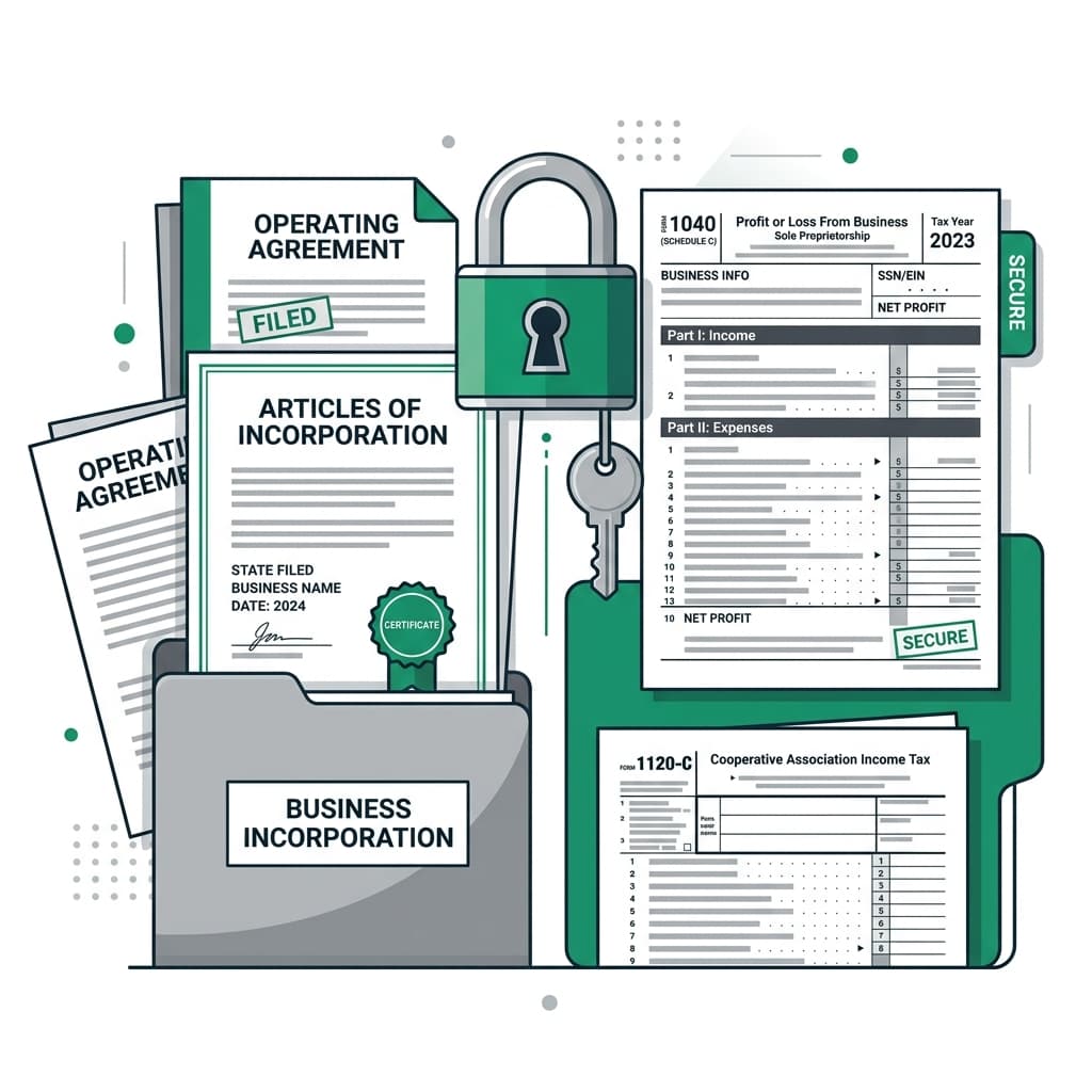 B2B flat vector illustration representing business incorporation documents and tax filing forms