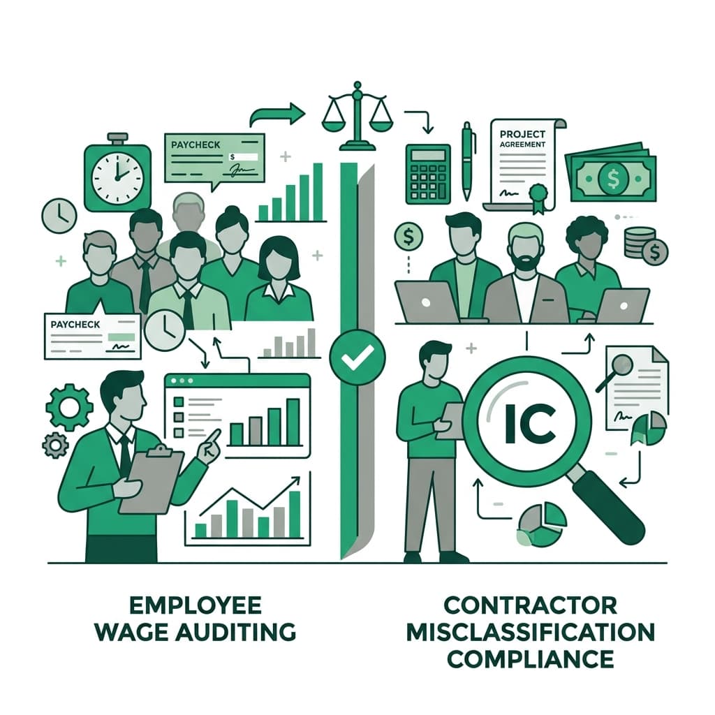 Minimalist vector art representing employee wage auditing and independent contractor misclassification compliance