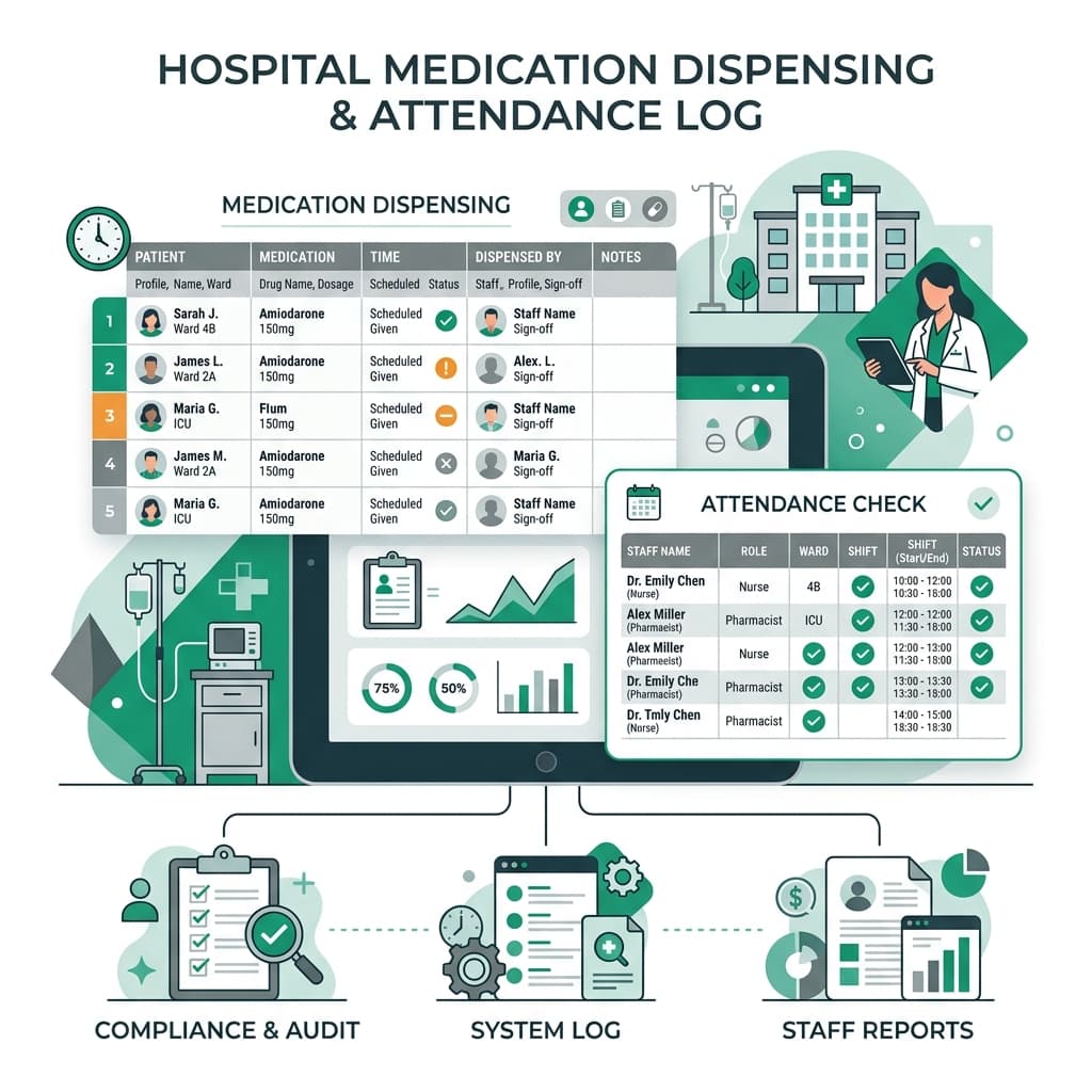 B2B flat vector illustration representing a hospital medication dispensing log and attendance check