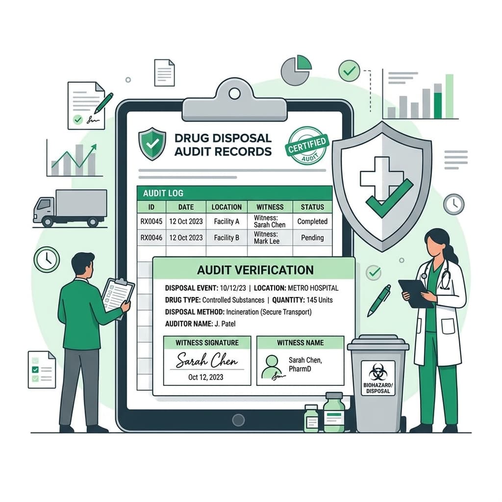B2B flat vector illustration representing drug disposal audit records with a witness signature
