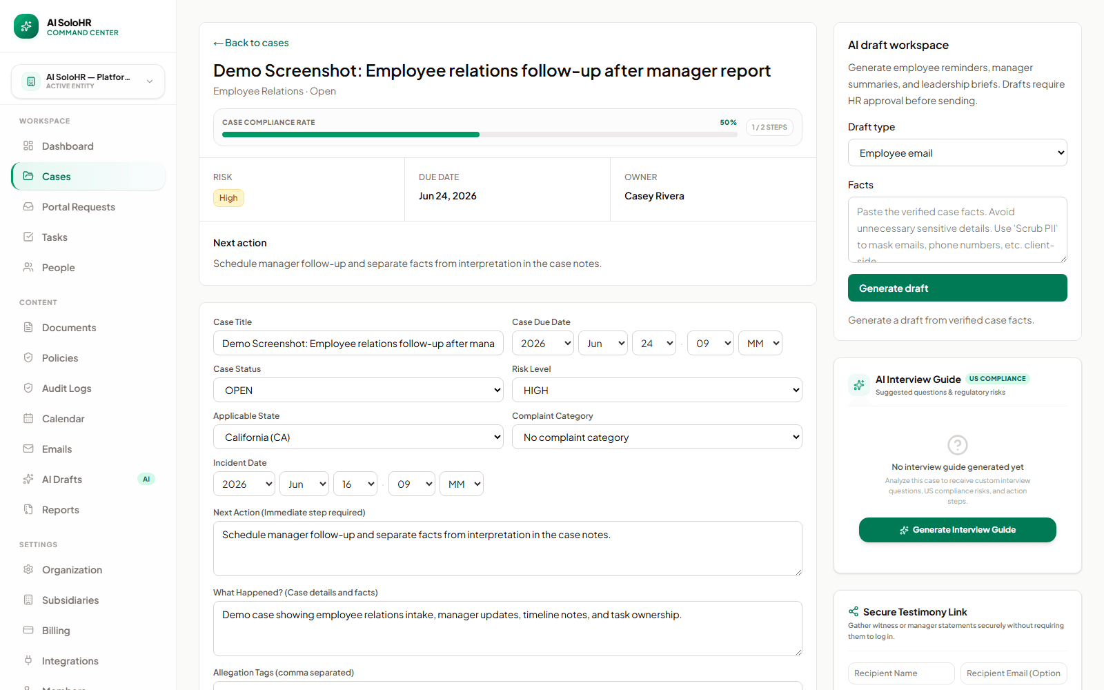 AI SoloHR employee relations case showing investigation notes, owner, risk, next action, tasks, and case status