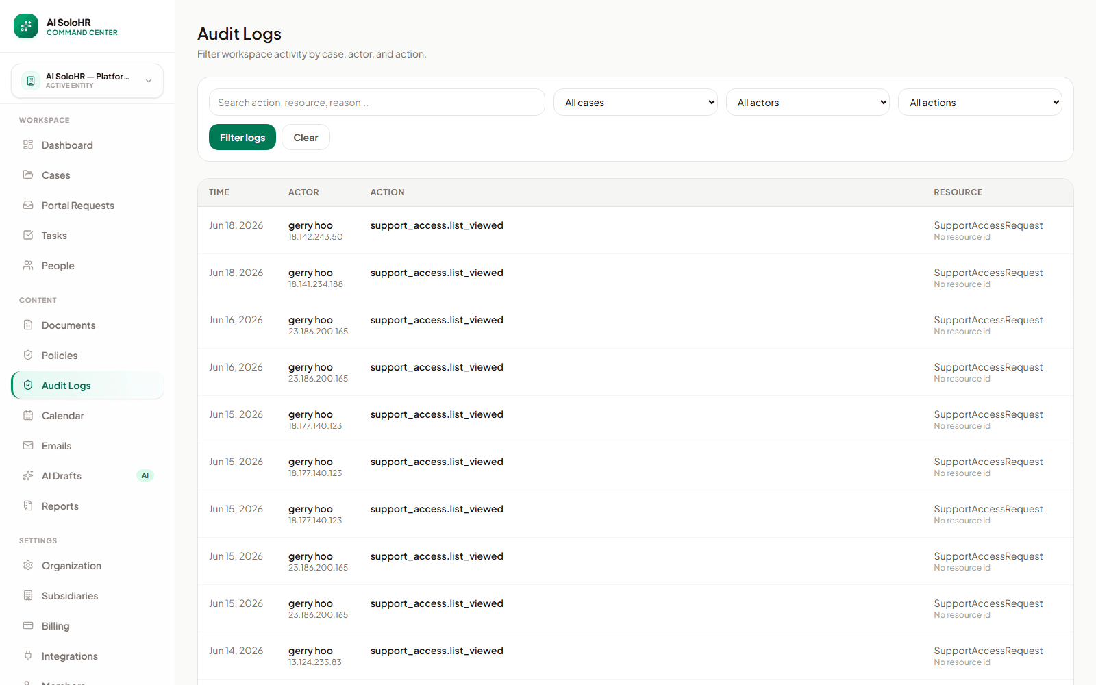 AI SoloHR audit log showing recorded workspace activity