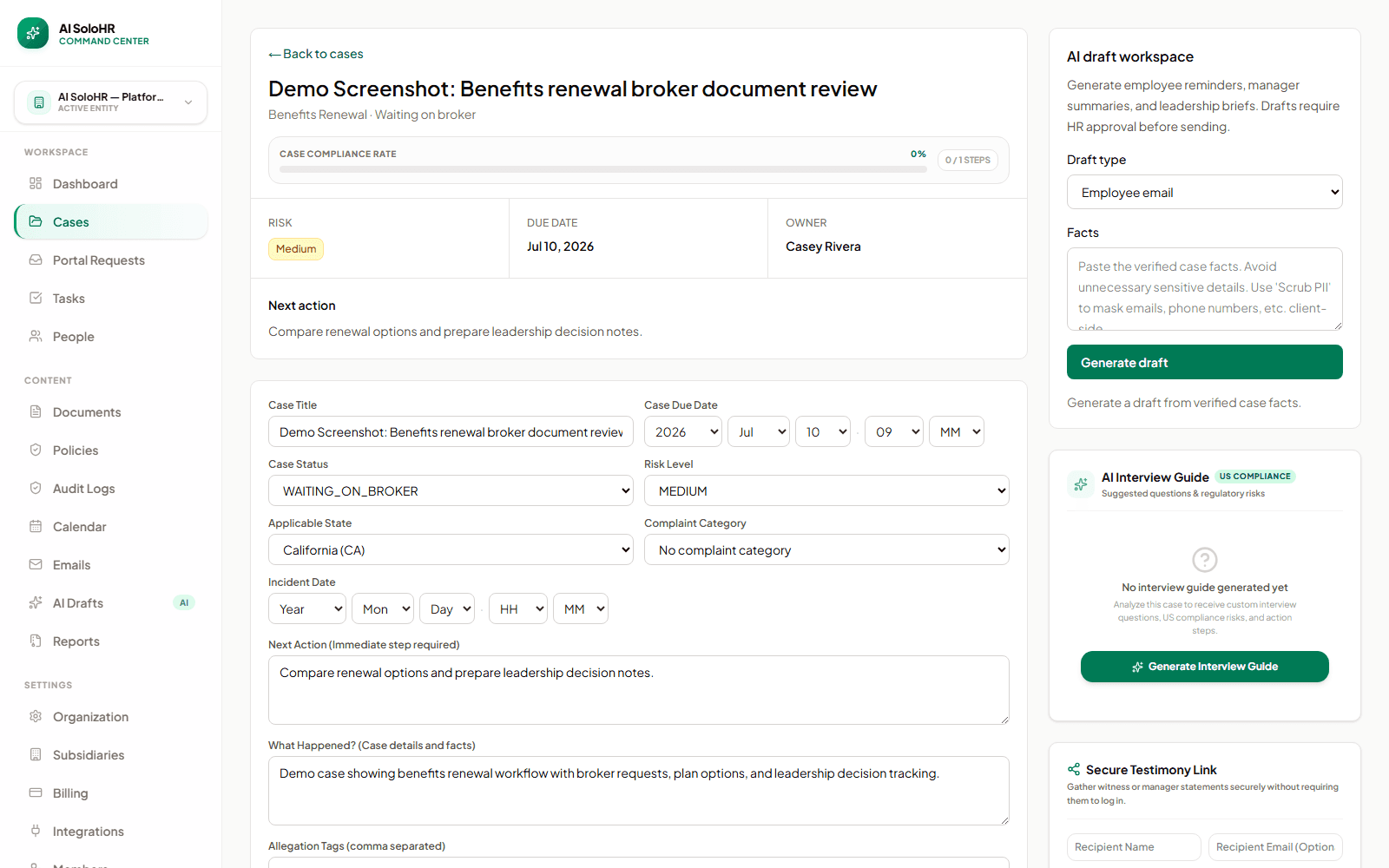 AI SoloHR benefits renewal case showing broker follow-up, plan-option review, and renewal workflow status