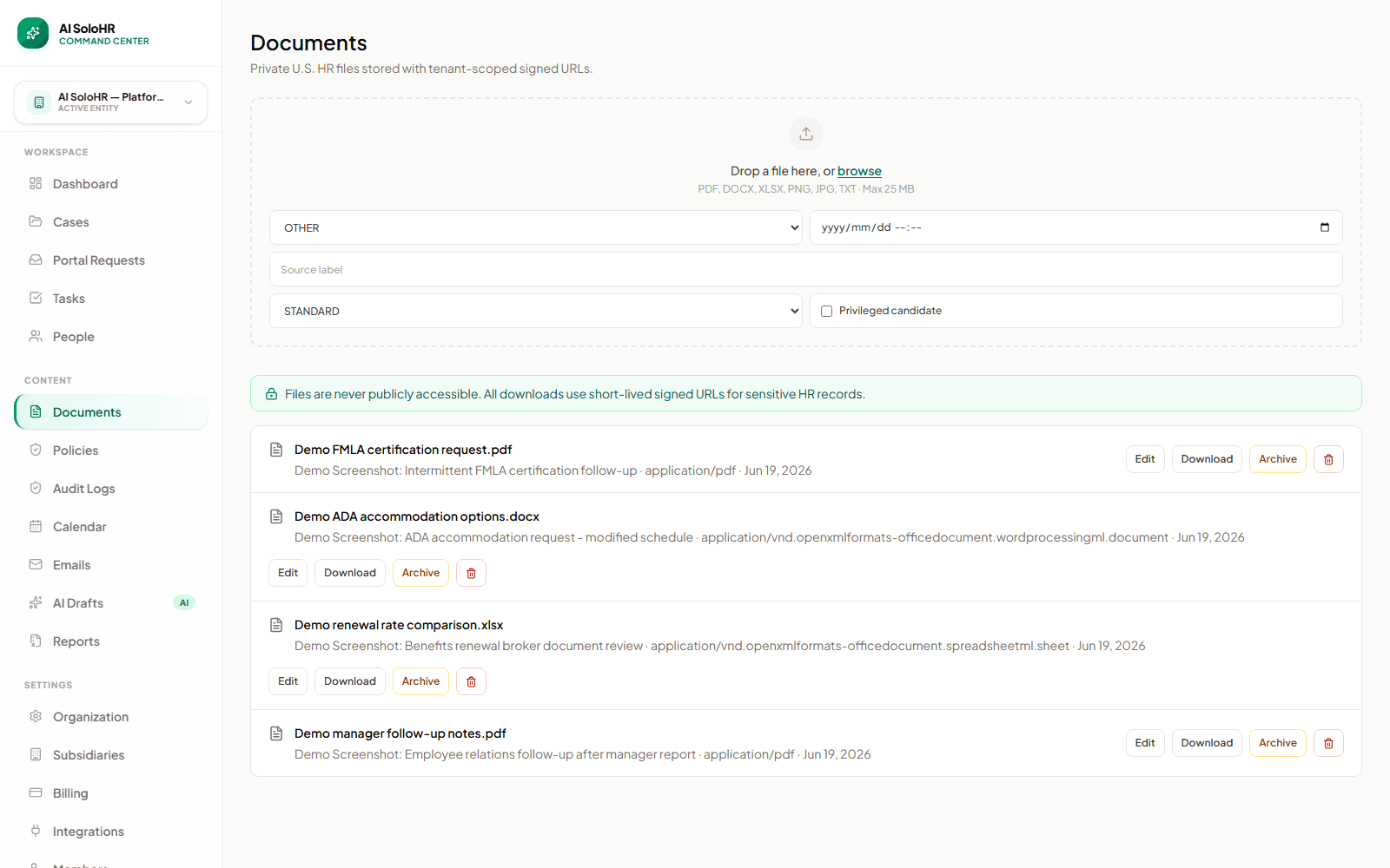AI SoloHR private document vault showing case-linked HR files and signed URL controls