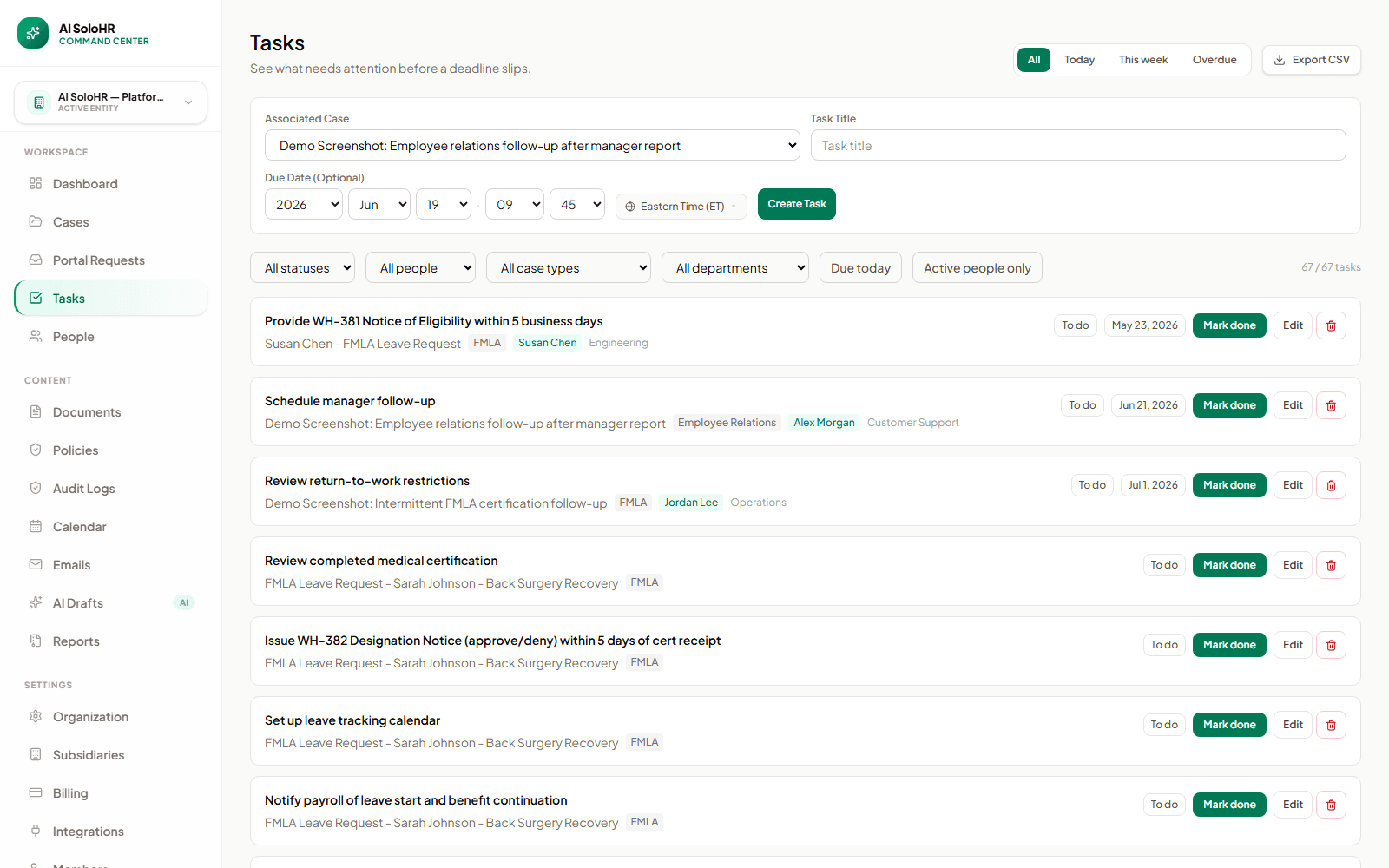 AI SoloHR task board showing HR deadlines, priorities, statuses, assignees, and related cases