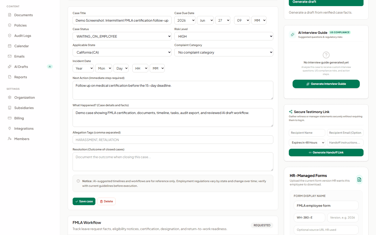 AI SoloHR case timeline showing chronological HR documentation