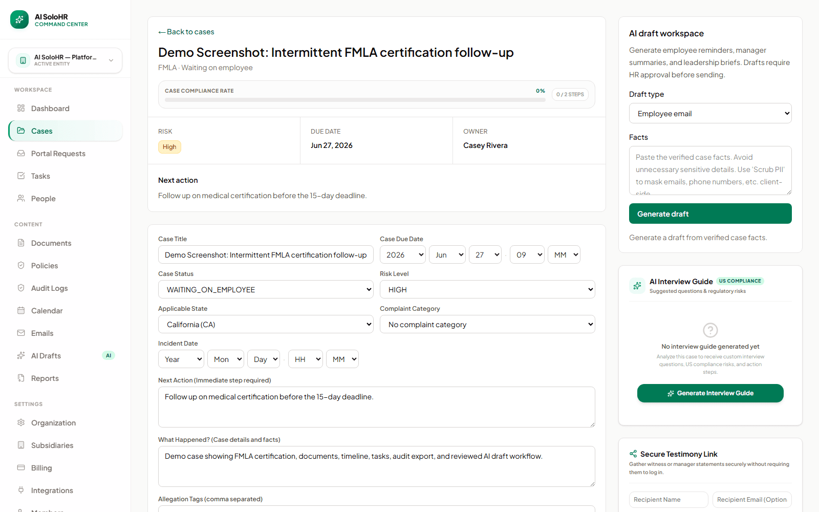 AI SoloHR FMLA case workspace showing risk, due date, owner, next action, and case facts