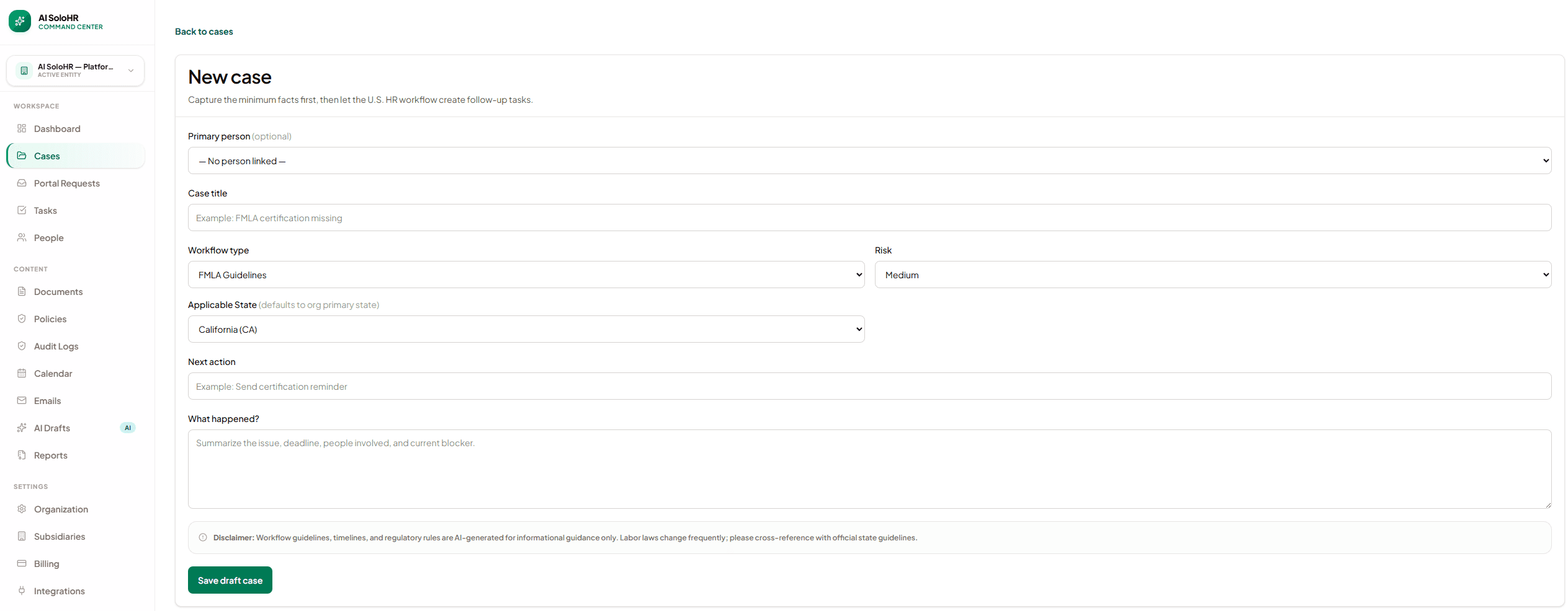AI SoloHR new HR case form for selecting case type, priority, employee, and notes