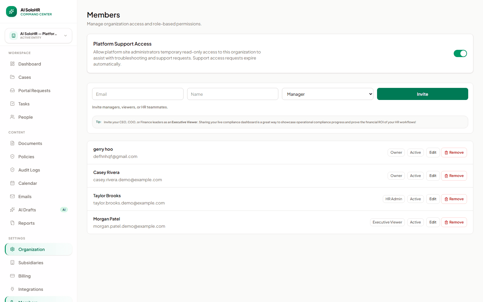 AI SoloHR Platform Support Access control with an explicit organization-level toggle